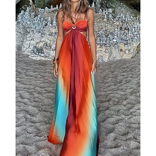 Damen Langes Kleid Maxikleid Freizeitkleid Sommerkleid Unterkleid Mode Outdoor Ferien Date Normale Passform Ombre Ärmellos Spaghettiträger Orange Sommer Frühling Image