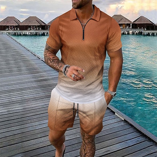 Herren T-Shirt Anzüge 2-teiliges Outfit T-Shirt und Shorts Kurzarm Revers Sommer Farbblock Mode Lässig 2 teilig Viertel Postleitzahl Urlaub Alltagskleidung Ausgehen Schwarz Braun Top T-Shirt für Image