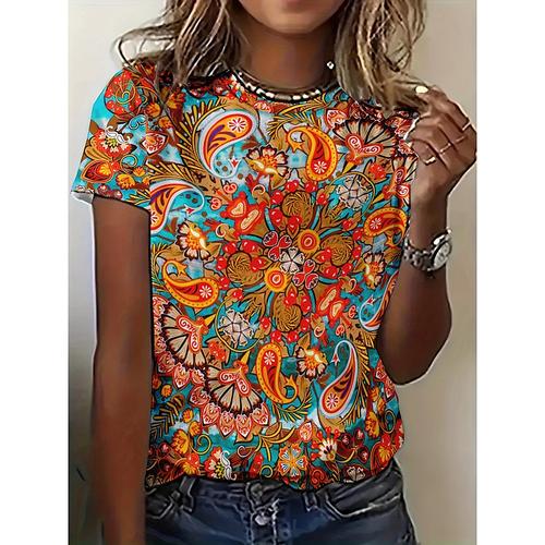 Women's T Shirt Floral Bohemia Vintage Ethnic Short Sleeve Round Neck Regular Tops Daily Print Blue Summer