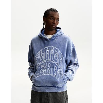 Bershka Faded Printed Hoodie Men M Light Blue