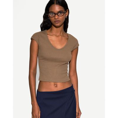 Bershka Short Sleeve V-Neck T-Shirt Women Xs Brown