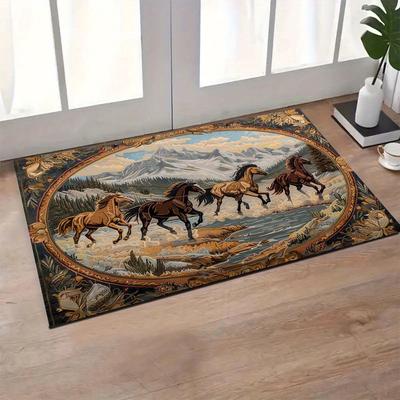 TEMU Vintage Horse Group Puzzle Pattern Carpet - Large Office Chair Mat, Decorative Polyester Rug For Furniture, Gift