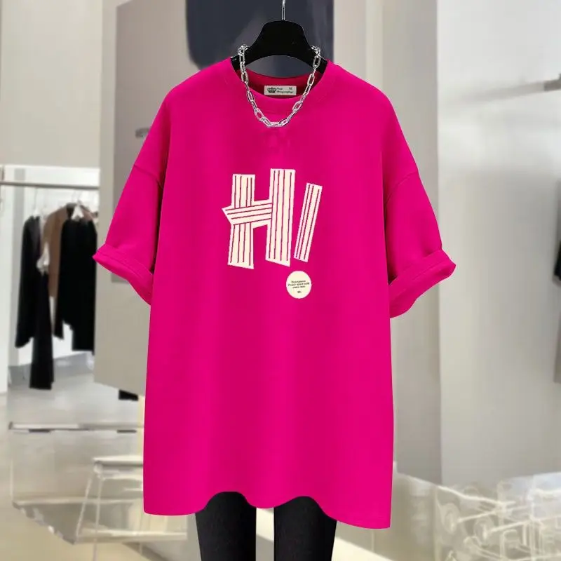 Women Clothing Chic Letter Print Basic Tshirt Summer O-neck Short Sleeve All-match Cotton Top Tee Casual Loose Pullover 45-105Kg
