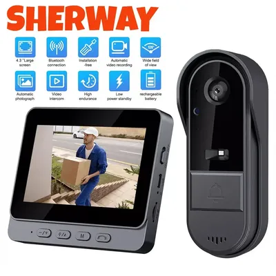 Wireless Wifi Doorbell Camera 1080P Video Intercom Doorbell Waterproof 4.3in IPS Screen Home Security Door Bell IR Night Vision