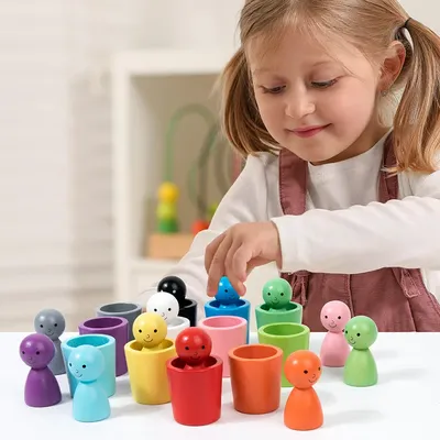 Color Sorting Cups Baby Montessori Wooden Toy Rainbow Ball And Cups Color Sorting Games For Learning