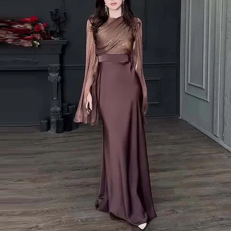 Robe Longue en Satin pour Femme, Vintage, Taille Haute, Col Ras du Cou, Élégante, Slim, Manches sulf, Tenue de Banquet, Nouvelle Collection