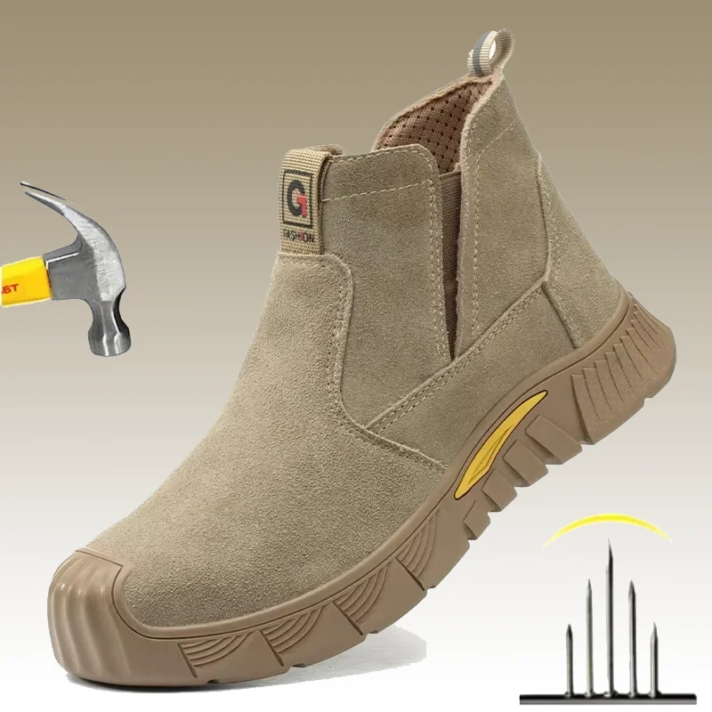 Bottes de sécurité pour hommes, chaussures de sécurité pour soudeur, Anti-écrasement, indestructibles, en cuir, bottes de travail à bout en acier, bottes de sécurité