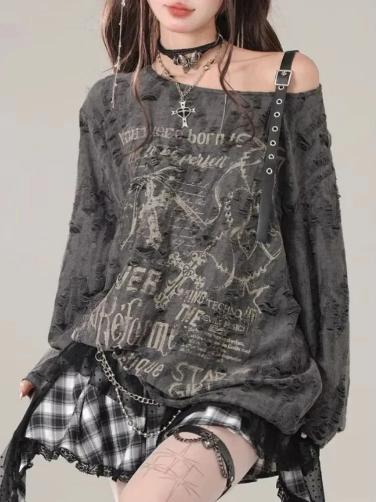 Y2k gothique Grunge foncé évider t-shirt femmes Harajuku évider épaules nues Sexy t-shirts automne Punk lettre imprimer hauts nouveau
