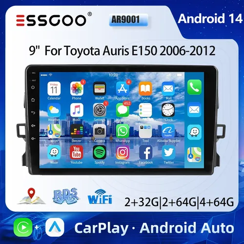 ESSGOO-Autoradio pour Toyota Auris E150, Android 14, 64 Go, 9 "", Carplay, Auto, Navigation GPS, SWC, FM, WiFi, Lecteur de limitation RDS, 2006-12