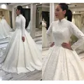 BIAOFEI-Robe de Mariée en Dentelle Personnalisée avec Perles, Tenue Musulmane, Vintage, Col Rond, Longue Traîne, 2025, 2025