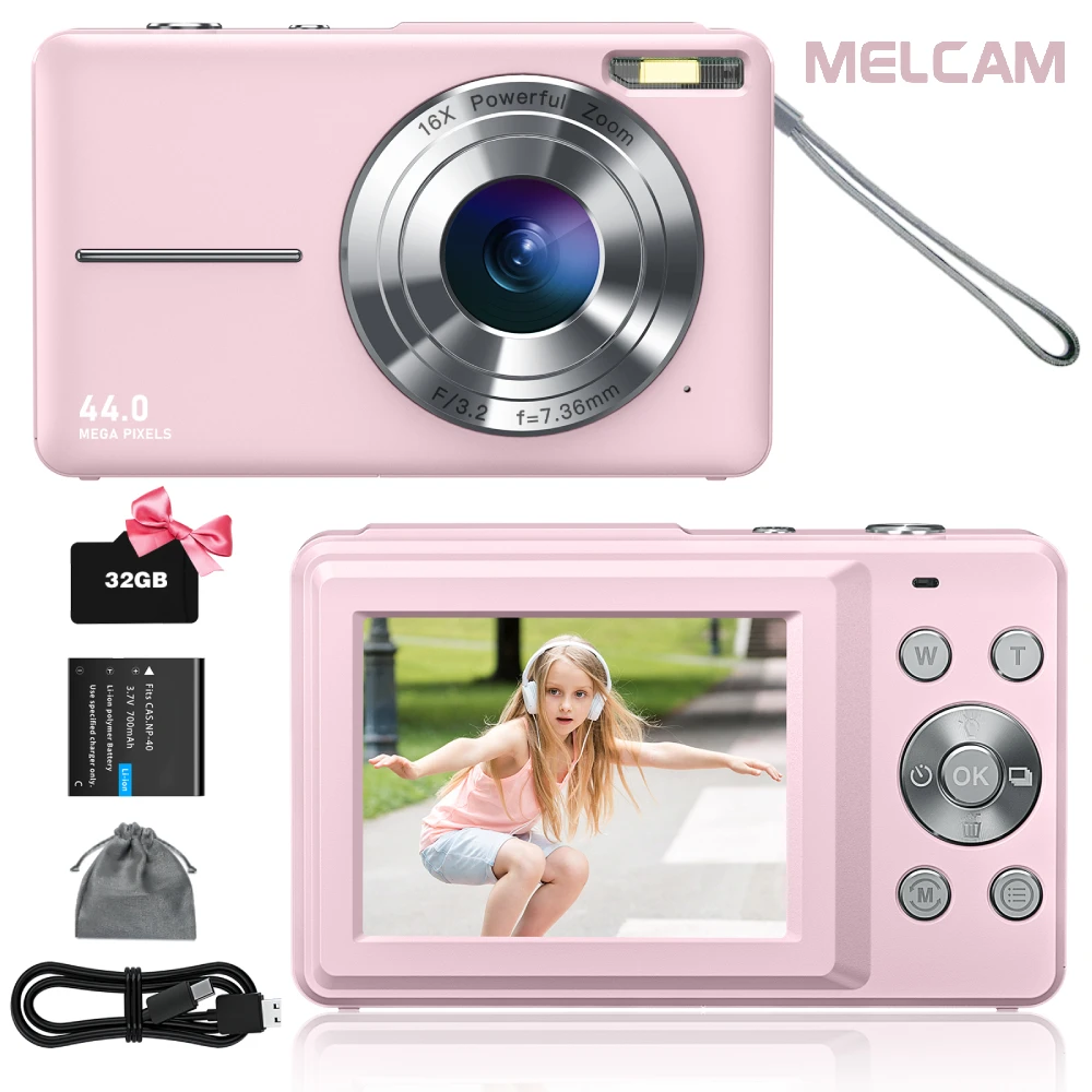 Petit appareil photo numérique portable anti-tremblement pour adolescents, appareil photo FHD 1080P, appareil photo numérique pour enfants, carte SD 32 Go, rose, 44MP