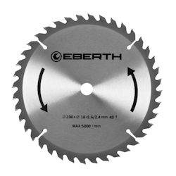 EBERTH Kreissägeblatt 200mm, 40 Zähne, Hartmetall, für Holz-Schnitte, 16mm Bohrung, 5000 RPM Image