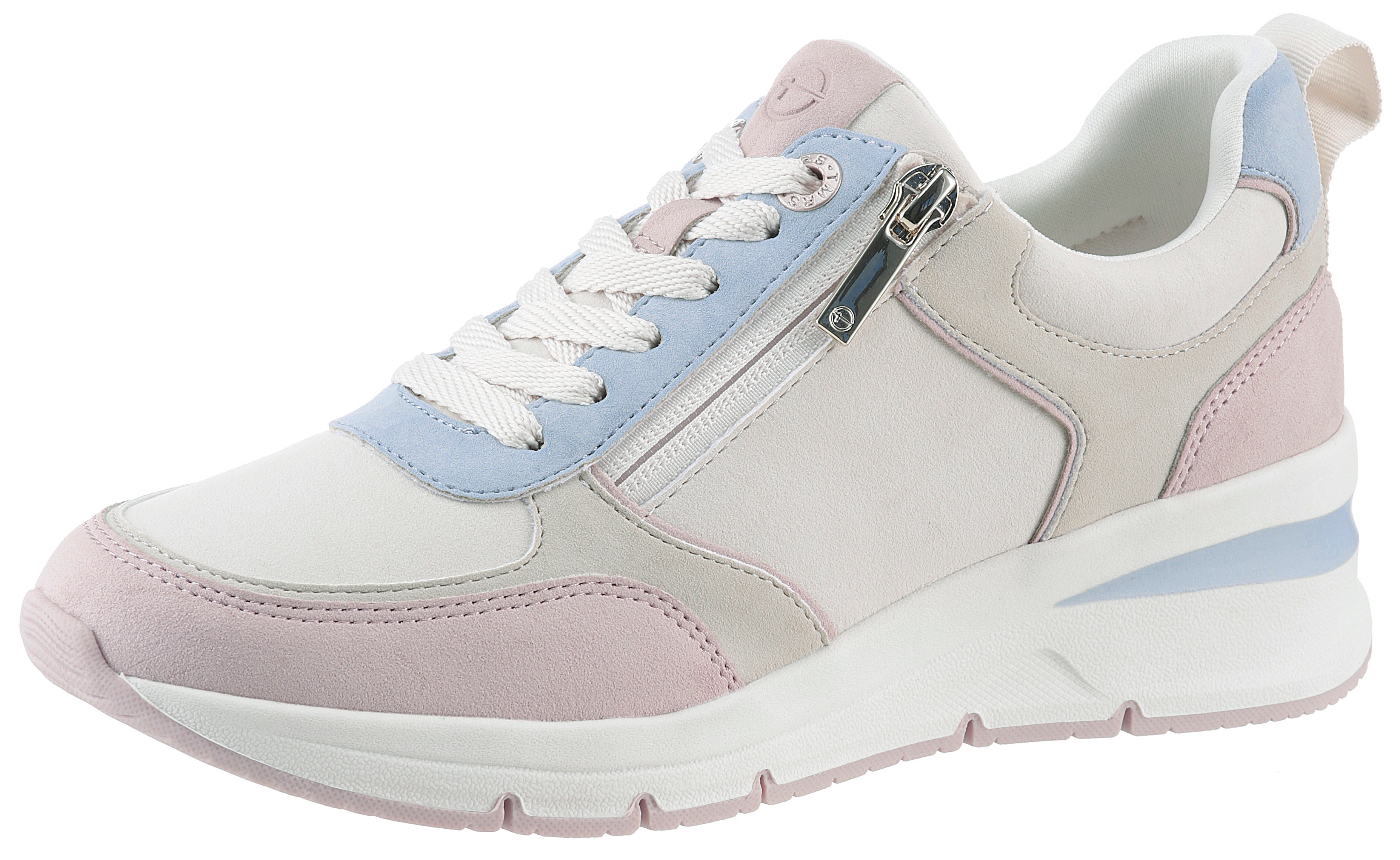 Keilsneaker TAMARIS, Damen, Gr. 41, blau (hellblau kombiniert), Lederimitat, unifarben mit Farbeinsätzen, Schuhe, Freizeitschuh, Halbschuh, Schnürschuh mit Außenreißverschluss