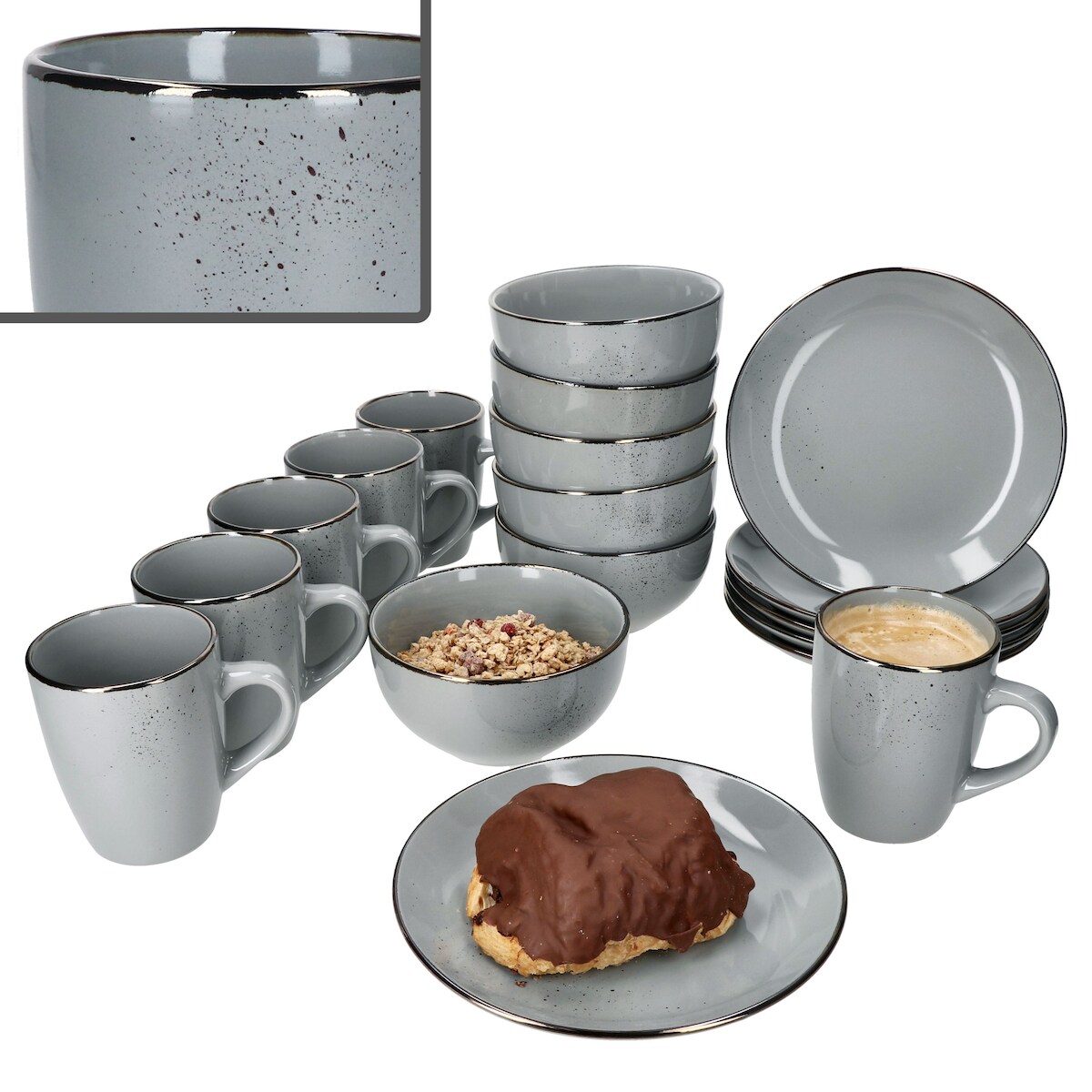 Lucca 18tlg Frühstücksset Steingut 6 Personen kleine Teller Schale Becher Grau Image