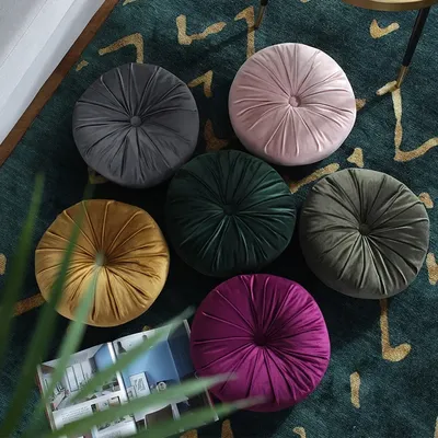 Rundes Sitzkissen im Barockstil, Sofa-Überwurfkissen, luxuriöser holländischer Samt, plissierter Image