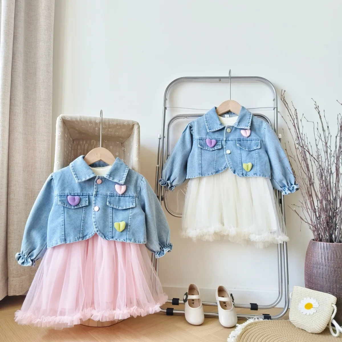 Frühling Herbst Mädchen Rock Set: Kinder Kleinkind Mesh Schmetterling Schleife Kleid + Jeans Revers Jacke Mantel, Kinder Kleidung 2 stücke Image