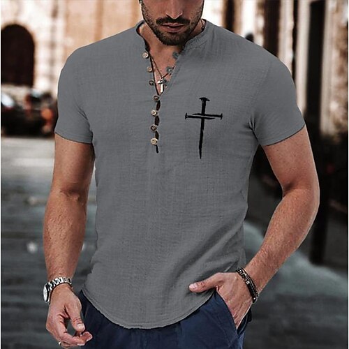 Per uomo Camicia Camicia popover Camicia Estiva Camicia casual Camicia da Spiaggia Camicia con Bottoni Vino Kaki Grigio Manica Corta Classico Croce Colletto alla coreana Henley Vacanza Camicia