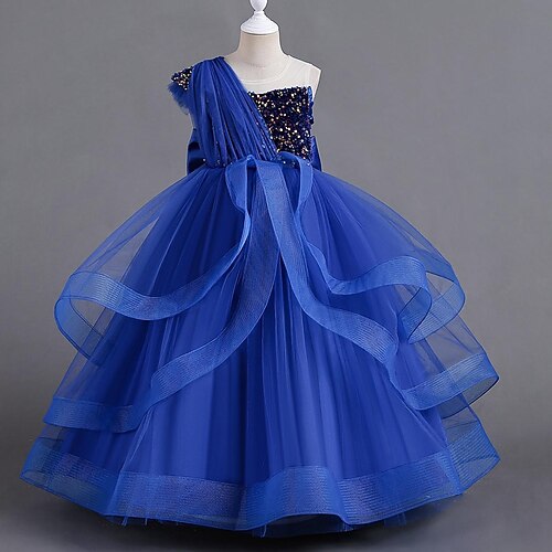 kinderkleidung Mädchen Party Kleid Feste Farbe Ärmellos Besondere Anlässe Pailletten Krawattenknoten Süß Polyester Maxi abendkleider Sommer Frühling Herbst 4-12 Jahre Schwarz Rote Blau Image