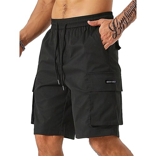 Herren Cargo Shorts Kurze Hosen Shorts Kurze Hosen Sommer-Shorts Kordelzug Elastische Taille Multi Pocket Glatt Komfort tragbar Knielänge Outdoor Sport Täglich Modisch Brautkleider schlicht Schwarz Image
