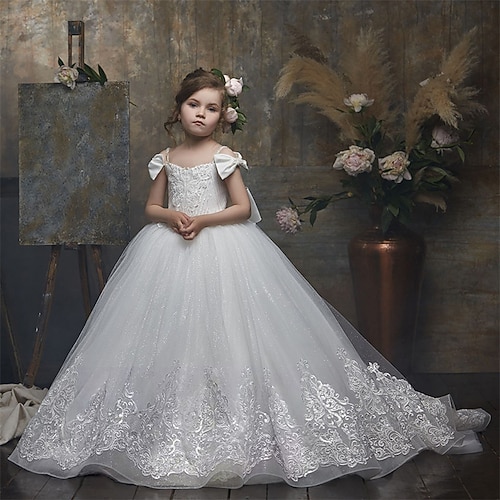 Blumenmädchenkleid Kinder Mädchen Prinzessinenkleid Leistung Hochzeit Party Elegant Schön Gitter Feste Farbe Ärmellos Schulterfrei Weiß 4 Jahre Image