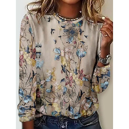 Damen T-Shirt Crew Neck Langarm Tunika Floral Tier Pflanzen Lässig Regulär Tops Daily Ausgehen Wochenende Print Khaki Image