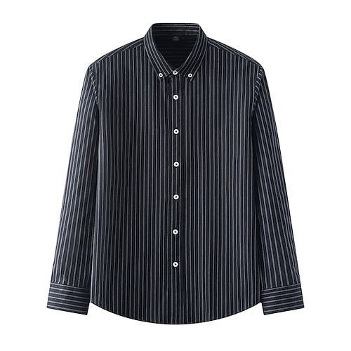 Herren Oxford Hemd Schwarz Marineblau Grün Hellgrau Dunkelgrau Langarm Gestreift Vertikale Streifen Umlegekragen Schule Hochzeit Knöpfe Bekleidung Neutral Mode Täglich Image