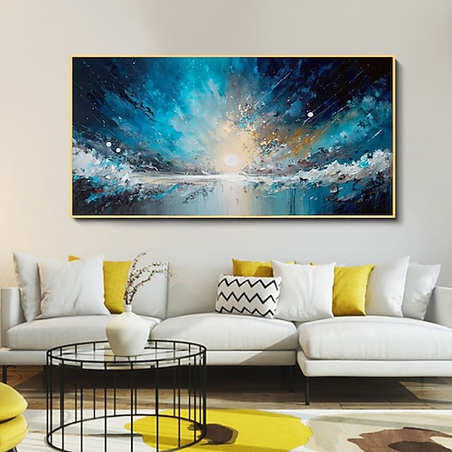 handgemachtes Ölgemälde auf Leinwand, Wandkunst, Dekoration, modern, abstrakt, Sonnenaufgang, blaue Meereslandschaft, für Wohnzimmer, Heimdekoration, gerollt, rahmenlos, ungedehntes Gemälde Image
