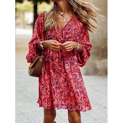 Damen Midi Kleid Korsett Kleid Shift Kleid Sommer Kleid Puffärmeliges Kleid Urlaub Urlaub Täglicher Regular Fit Grafik 3/4 Länge Ärmel V-Ausschnitt Rot Blau Lila Braun Sommer Image