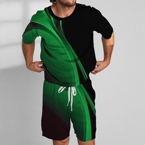 Herren Geometrisch Linie 2St T-Shirts-Sets Sommeroberteile Kurzarm Kurze Hosen Rundhalsausschnitt Sport Lässig Outdoor Täglich Sport 3D-Druck Sommer Rubinrot Violett Grün Image
