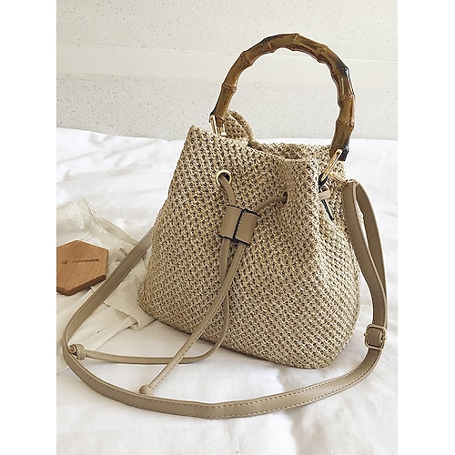 Per donna Borsa Borsa a secchiello Borsa a tracolla Borse a Spalla Paglia Ferie Casual Quotidiano Spiaggia Progettazione del nodo Grande Capacità Borsa Multiuso Tinta unica Patchwork Cachi
