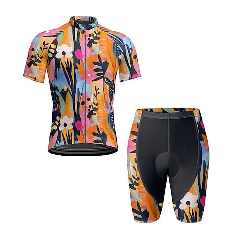 Herren Radtrikot mit Shorts Kurzarm Mountainbike MTB Straßenradsport Sommer Frühling Herbst Schwarz Gelb Rosa Blumenmuster Fahhrad Frontreißverschluss Schweißableitend Bequem Atmungsaktiv Spandex Image