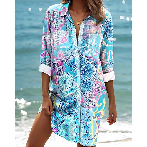 Womens Mini Dress Camicia Vestito Grafica Elegante Vintage Donne Maniche Lunghe Colletto Camicia Lunghe Bottoni Stampa Blu Estate Primavera