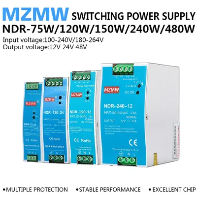 NDR-75W 120W 150W 240W 480W DIN Rail Switching Power Supply 12V 24V 100-240v AC To DC Industrial