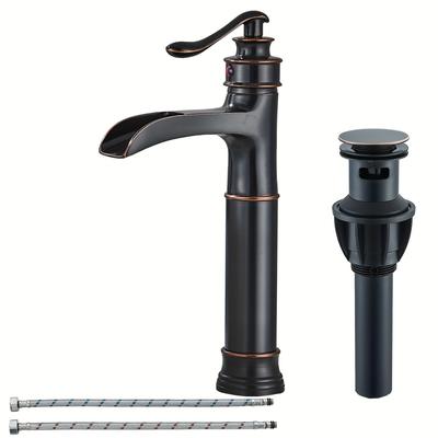 TEMU Oil Rubbed Bronze Bathroom Faucet, Brass Tall Bathroom Sink Faucet Single Handle Waterfall Bathroom Faucets 1 Hole, Vessel Sink Faucet For Bathroom With Pop-up Drain & Water Hose