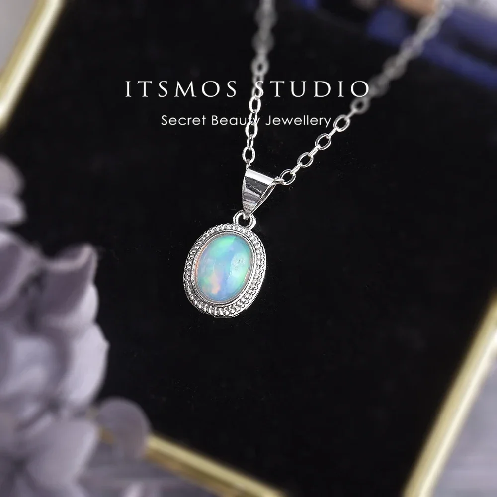 ITSMOS Halskette mit natürlichem Opal-Kristall-Anhänger, Oktober-Geburtsstein, Edelstein, einfache Halsketten, Feuerlicht, ovaler Opal-Schmuck für Frauen Image