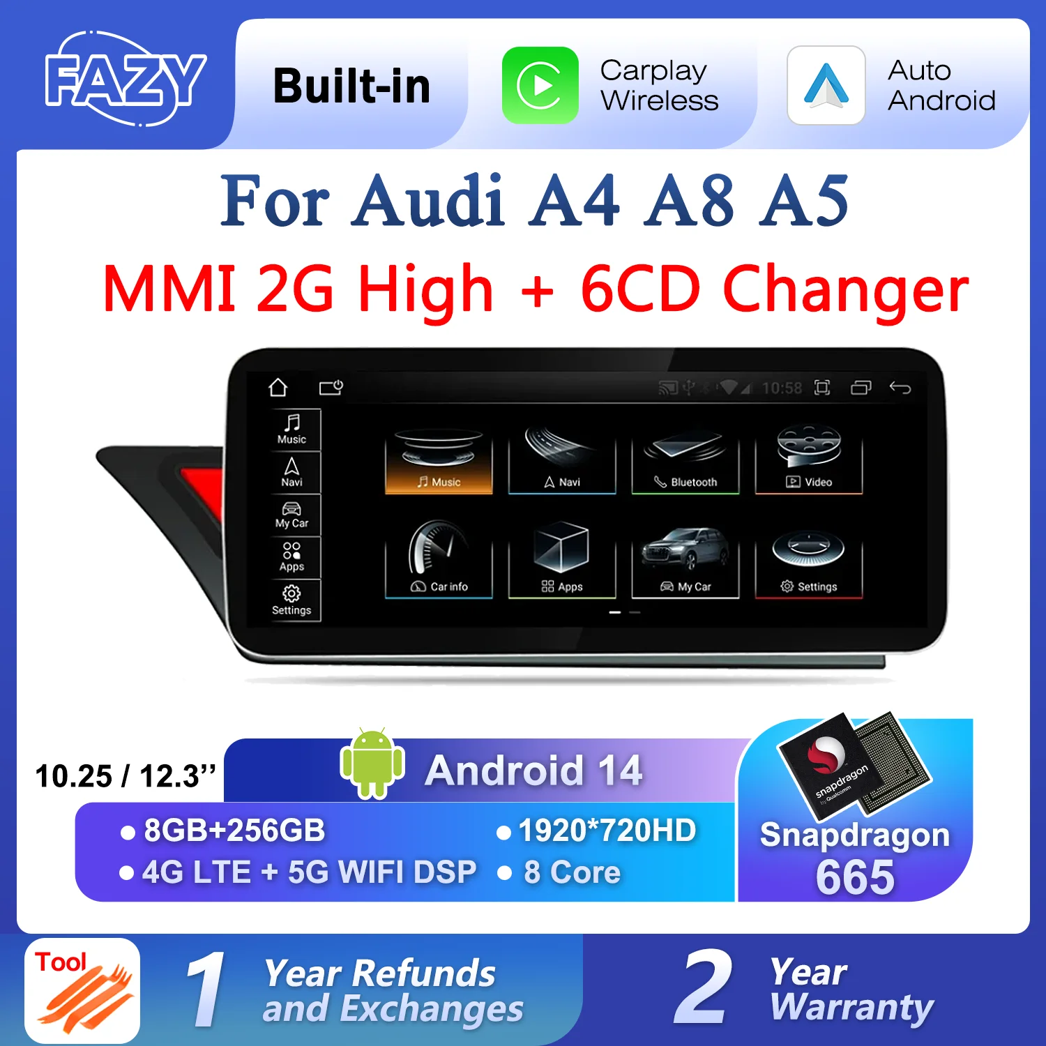 Android 14 Auto Radio CarPlay Für Audi A4 B8 A5 2008 2009 2010 MMI 2G Hohe CD Wechsler Auto Stereo Multimdia-Player GPS Navi WiFi Image