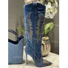 Sticken Cowboy Kniehohe Stiefel Denim Tuch Mode Neuheit Sexy Concise Elegante Lsip-On Frauen Schuhe