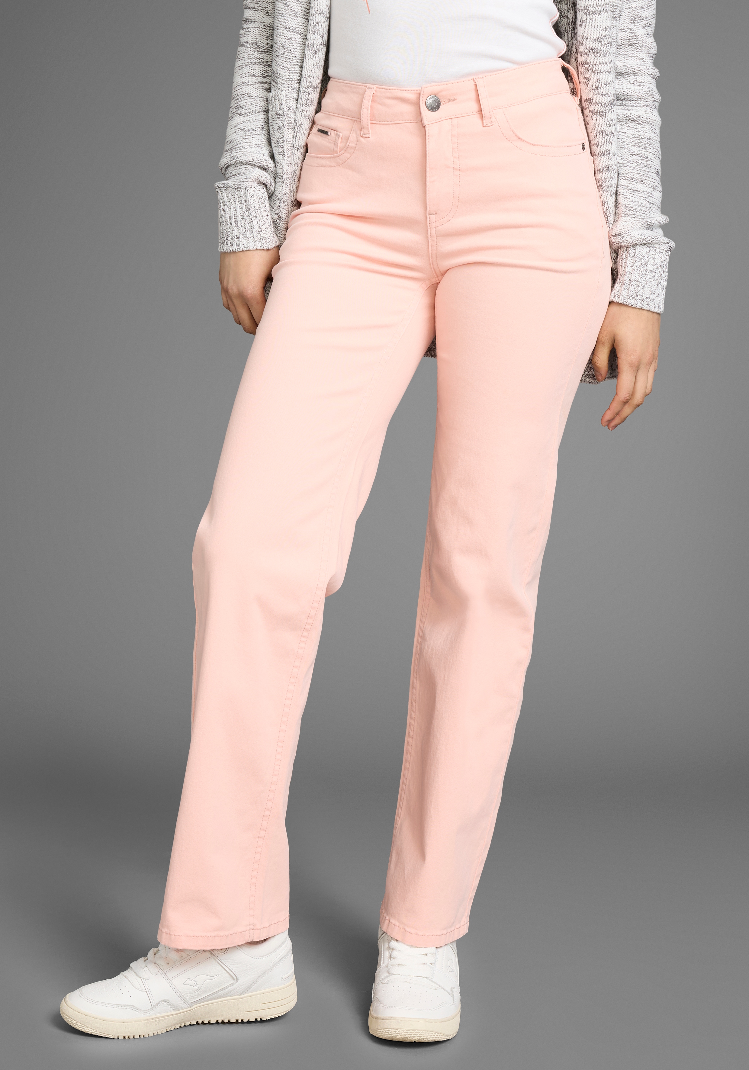 5-Pocket-Hose KANGAROOS, Damen, Gr. 48 (XL), N-Gr, braun (camel), Web, Obermaterial: 98% Baumwolle, 2% Elasthan, unifarben, washed, Casual, lässig geschnitten lang, Hosen, im Straight-Leg