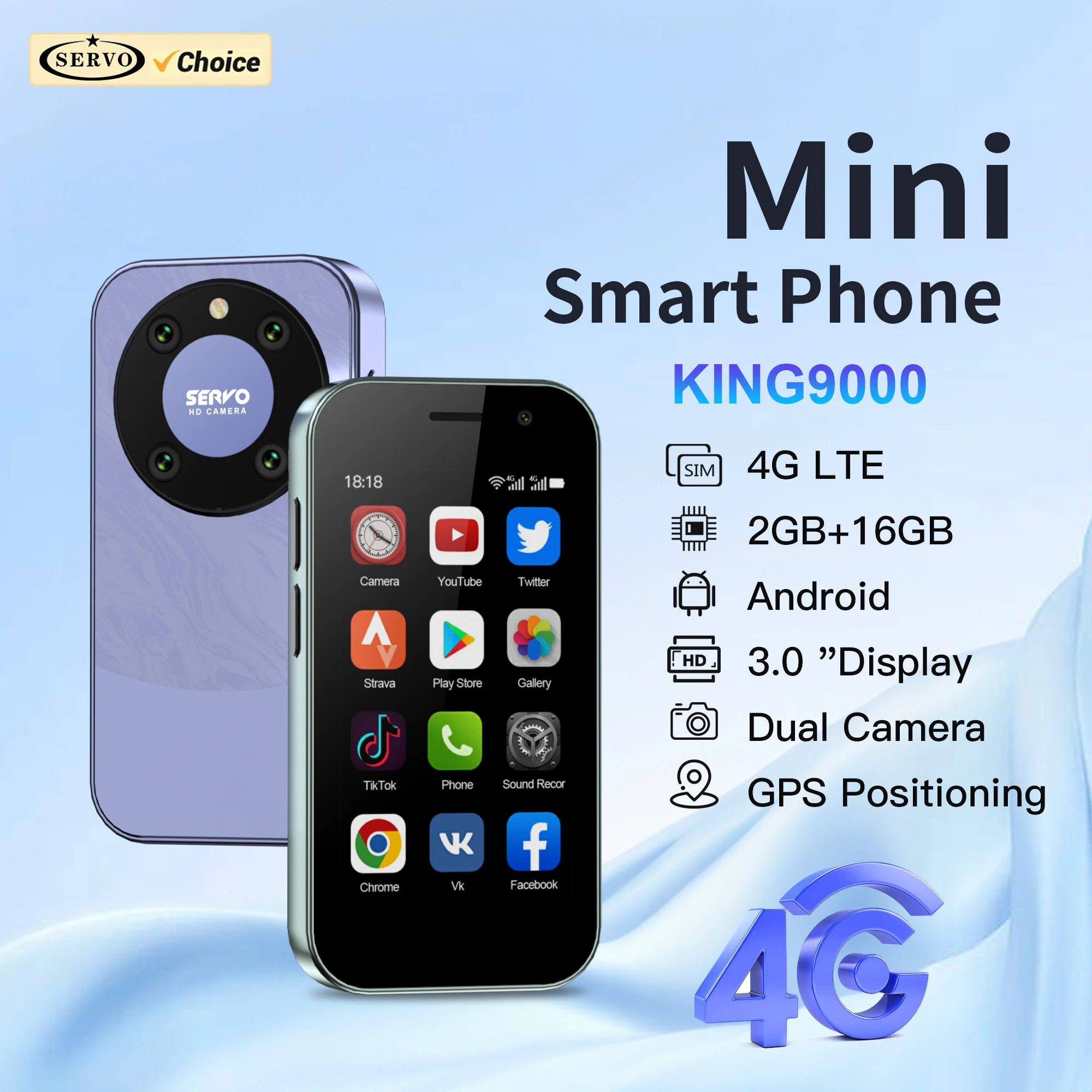 SERVO-Mini Smartphone Android KING9000, Smartphone 4G, 2 Go + 16 Go de mémoire, Play PRGPS, Face Unlock, 3.0 