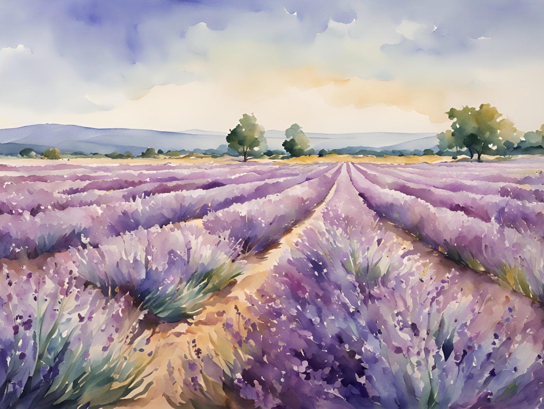 Campo di lavanda Francia paesaggio immagini acquerello Provenza campi di fiori pittura ad acquerello immagini stampa grande poster da parete arte mode