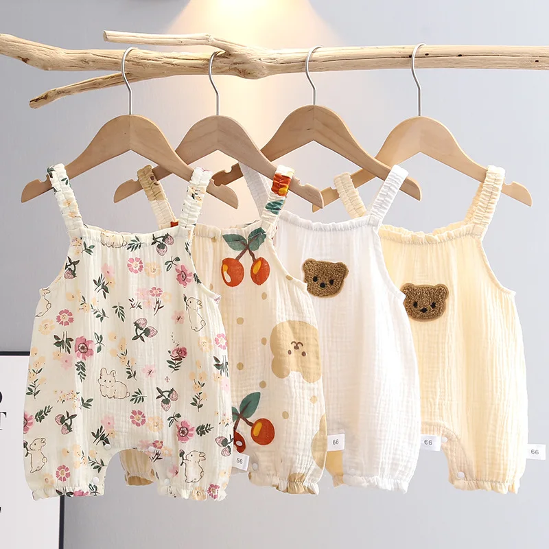 Sommer Baby Anzug Nette Kirsche Bär Overalls mit Hut für Jungen Mädchen Strampler Infant Ärmellose Musselin Kleidung Bunny Print Outfits Image