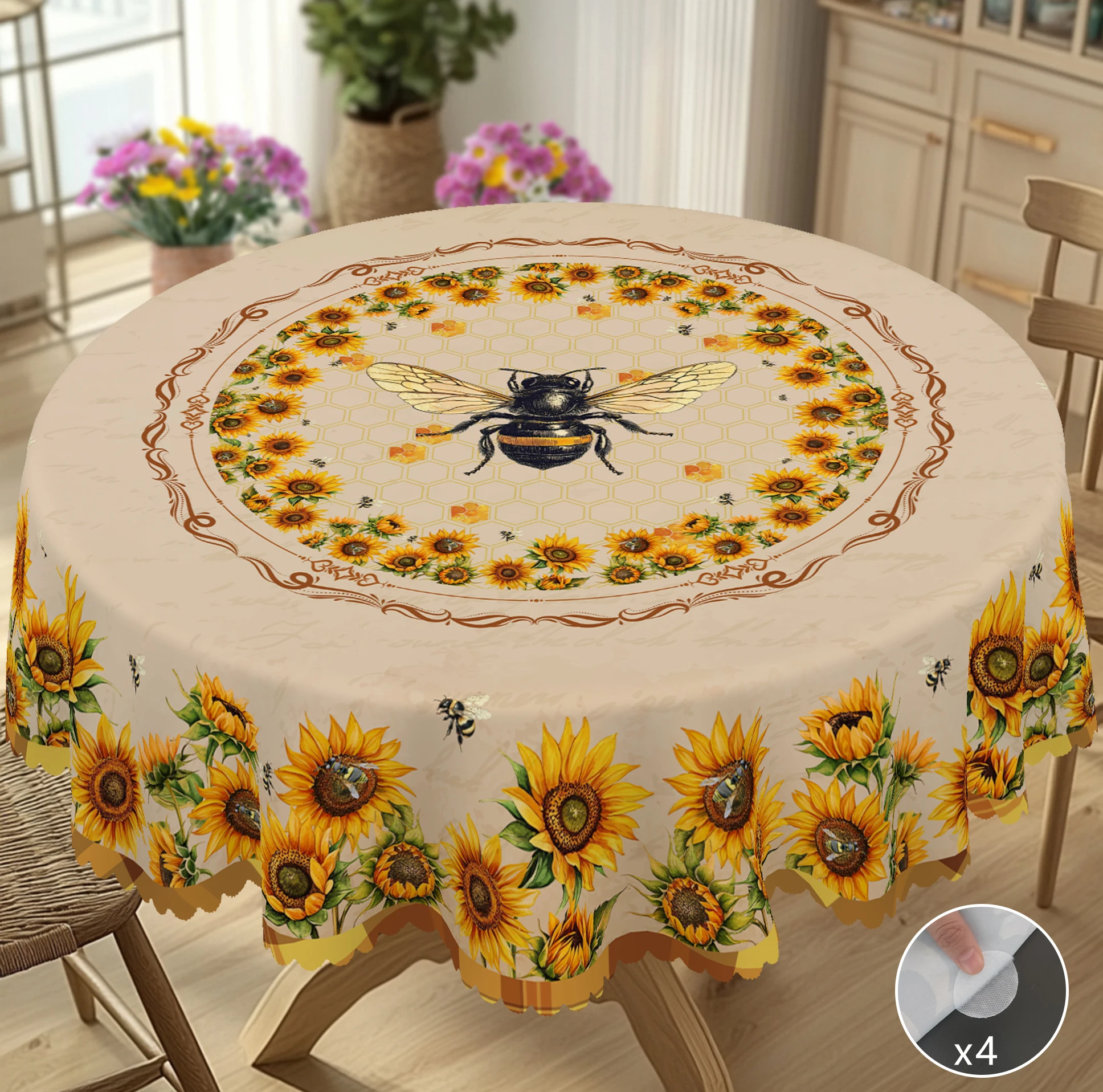 1 Stück runde Tischdecke mit Sonnenblumen-Bienen-Print, 5 Größen erhältlich, quadratische Tischdecke mit Retro-Sonnenblumen-Blumendruck-Design, Kantenprägungsprozess, tägliche Garten-Tischdecke, Image