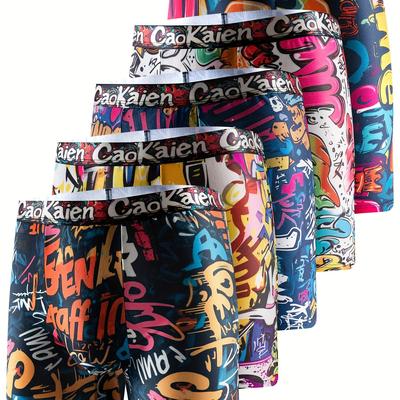 TEMU 5pcs Vibrant Graffiti-style Men's Long Boxer Briefs - Pop Art Inspired, & Breathable Polyester Blend, Fit Underwear With Elastic Waistband Image