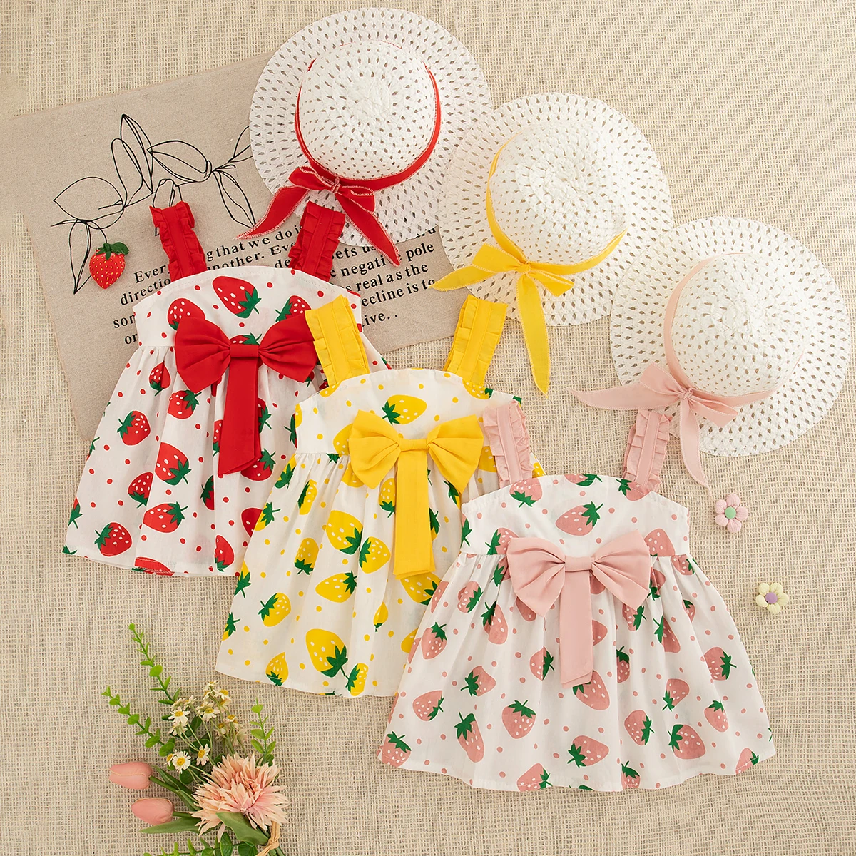 Baby Mädchen Kleid Sommer Schleife und Erdbeere Muster Neckholder Mädchen Kinder Kleid süße lässige Strand Kinder Kleider mit Hut Image