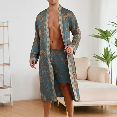 Frühling Sommer Neue männer Pyjama 2PCS Robe + Shorts Set Seidige Satin Kimono Bademantel Kleid Lose Image