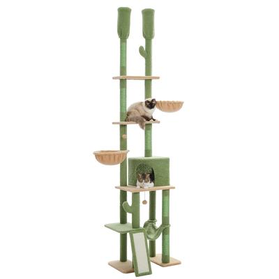 TEMU Road Cactus Cat Scratching Post Ceiling High Cat Tower With Large Condo Adjustable Height 216 Cm - 285 Cm, 5 Tiers Cat Activity Centre With Cosy Hammock, Platforms And Dangling Balls Image