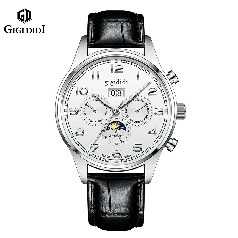 GIGIDIDI Herren 43 mm automatische mechanische Uhr Seagull ST16 Uhrwerk Kalender Woche Monat Anzeige Sonne/Sterne 24-Stunden-Armbanduhren Image