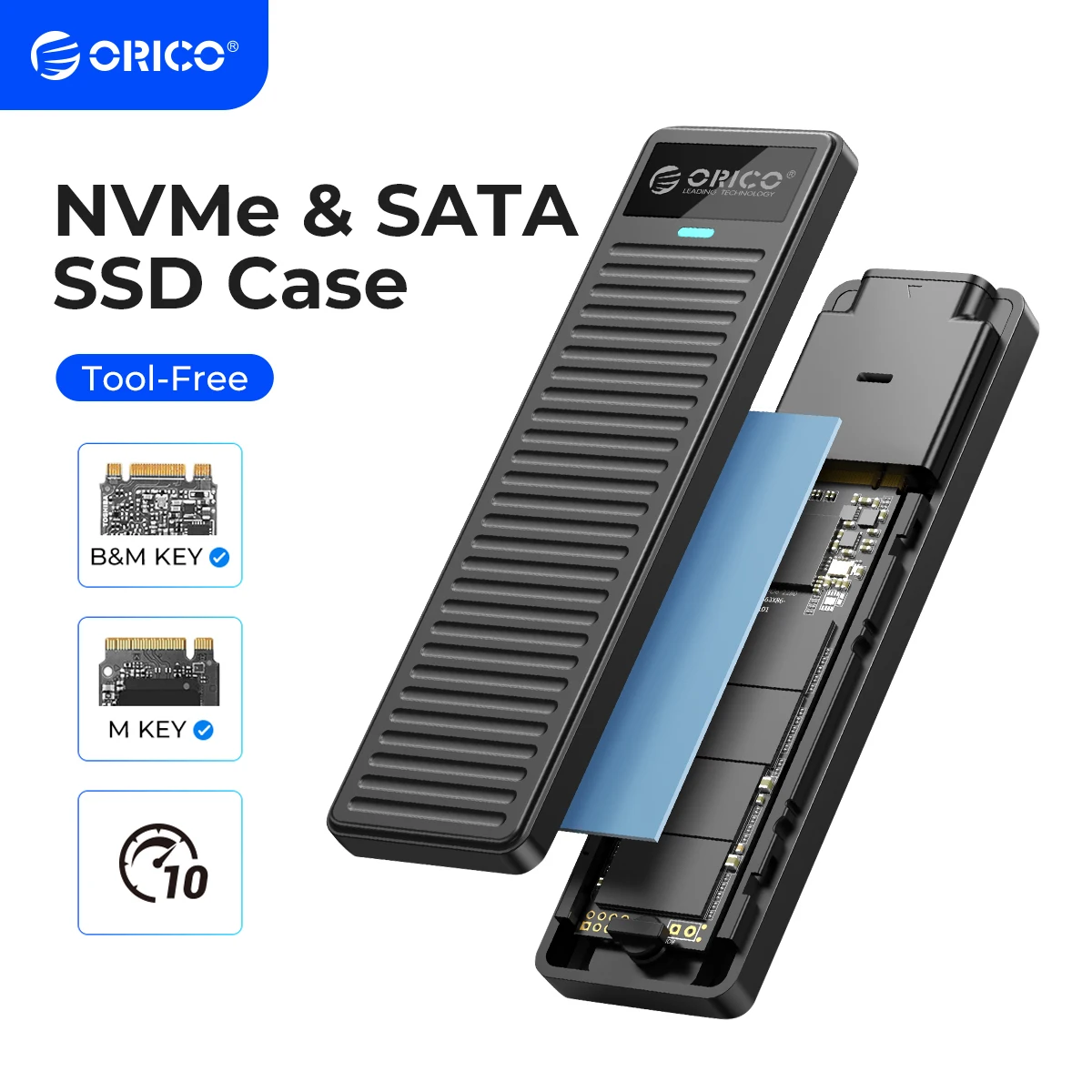 ORICO M.2 NVMe SSD-Gehäuse 10 Gbit/s USB 3.2 Gen2 Gehäuse Box Einfaches Design Werkzeuglose Unterstützung UASP für NVMe SATA SSD-Gamer Image