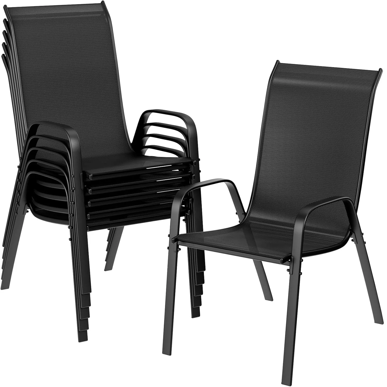 6er-Pack graue Gartenstühle für den Außenbereich mit Teslin-Gewebe, Flex-Comfort-Material und Stahl-Eisen-Metallrahmen, hohe Rückenlehne