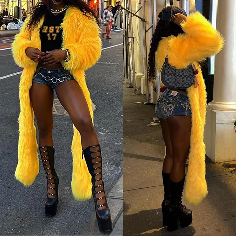 BKLD High Street 2024 Women's Winter Faux Fur Thicken Warm Long Coats Yellow Irregular Sexy Long Sleeved Fluffy Luxury Outerwear
